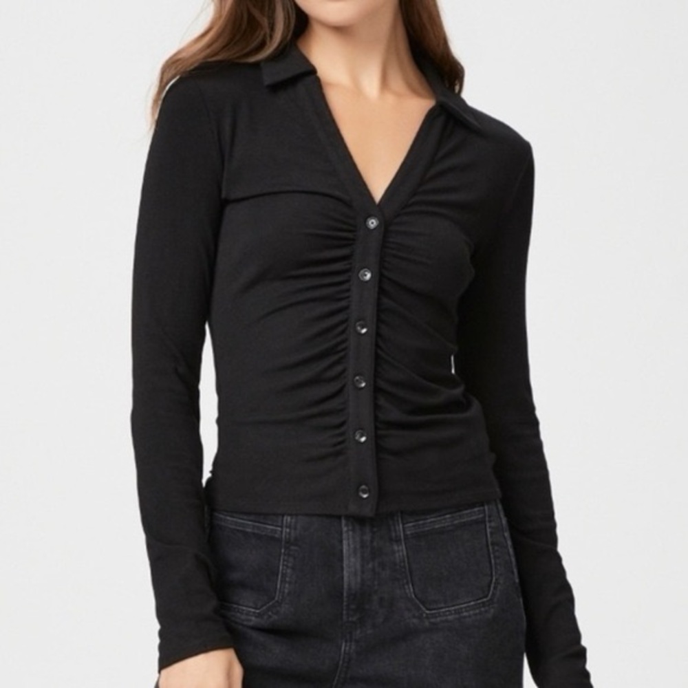 Paige Lafayette Ruched Shirt Black Sz Large